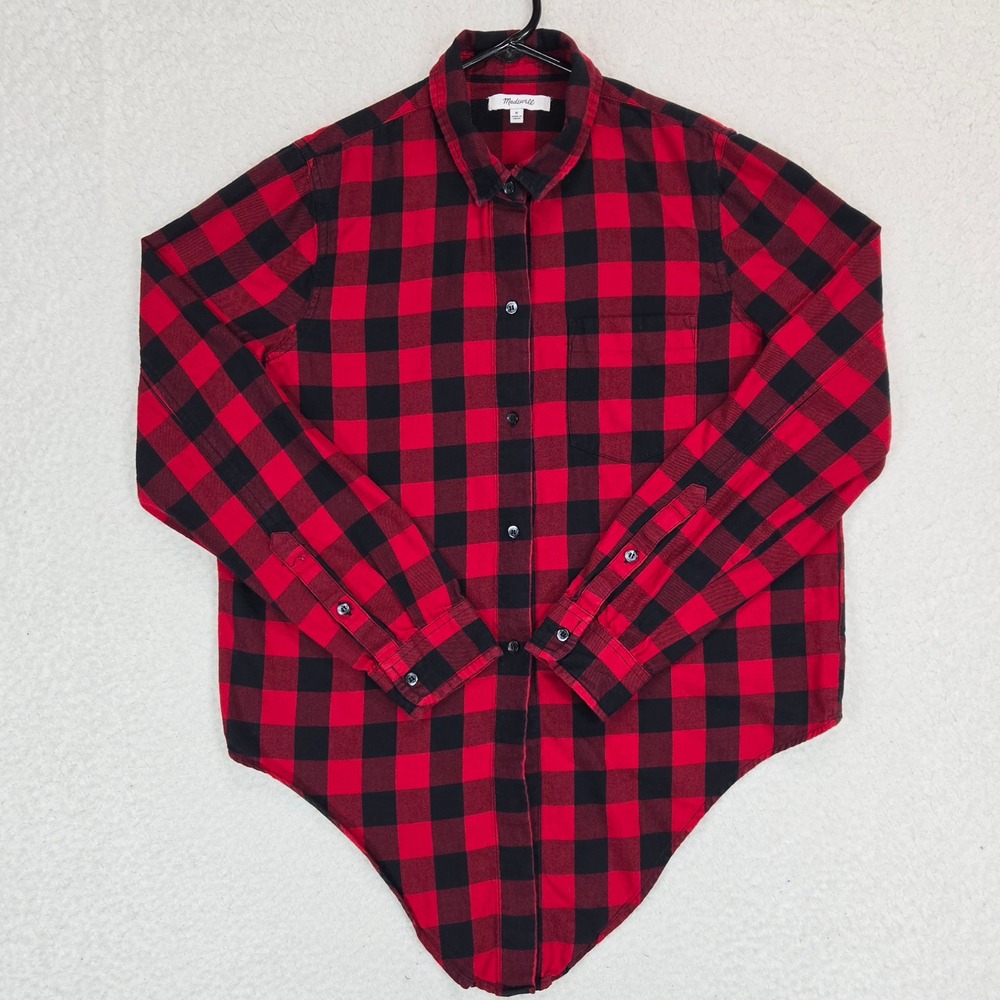 Madewell Buffalo Check Flannel Shirt Women M Red Black Plaid Tie Front Button Up - Picture 5 of 14